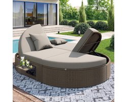 Ligbed voor 2 Personen 200x140x42 cm met Verstelbare Rugleuning en 8 cm Kussens – Weerbestendig Rotan Lounge Bed Tuin & Terras – Grijs – Furnitureland
