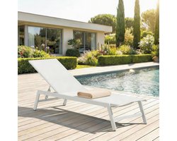 Ligstoel 192 x 55 x 31 cm Verstelbaar Aluminium Crèmewit – Tuinligstoel met 6 Standen Rugleuning, UV-Bestendig Textiel, Zonneligbed voor Tuin, Terras, Balkon en Zwembad – Mobili Bella