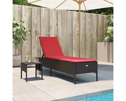 Ligstoel | Chaise longue | Zonligstoel met tafel en kussen, bruin polyrotan