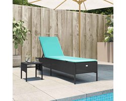 Ligstoel | Chaise longue | Zonligstoel met tafel en kussen, zwart polyrotan