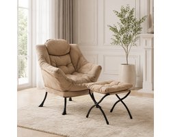 Ligstoel - Fauteuil & Poef Set - Ontspanningsstoel - Relaxstoel - Loungestoel - Comfortabele TV-stoel - Kaki