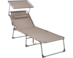 Ligstoel Inklapbaar 200x71x38 Cm - Verstelbare Tuinstoel Met Zonneklep En Kantelbare Rugleuning - Ligbed Voor Tuin Terras En Zwembad - Draagkracht 150 Kg - Taupe - GCB022K01