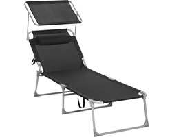 - ligstoel, ligstoel, tuinstoel, extra groot, 71 x 200 x 38 cm, belastbaar tot 150 kg, met hoofdsteun en luifel, verstelbare rugleuning, opklapbaar, tuin, zwart