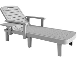 Ligstoel met Bijzettafel - Ligbed met 5-standen Verstelbare Rugleuning - Tuinstoel - Strandstoel - Campingligstoel - tot 120 kg - Zonnebed - Relaxstoel voor Tuin, Terras, Zwembad & Balkon - Lichtgrijs