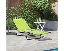 Ligstoel met hoofdsteun, groen textiel, verstelbare rugleuning voor tuin en terras, gemakkelijk opvouwbaar met stabiel stalen frame en ademend netweefsel, groen