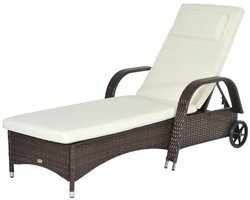 Ligstoel met Kussens - Ligbed met 5-standen Verstelbare Rugleuning - Ligbed - Tuinstoel - Strandstoel - Campingligstoel - tot 160 kg - Zonnebed - Relaxstoel voor Tuin, Terras, Zwembad & Balkon - Bruin + Crème