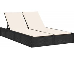 Ligstoel met kussens, zwart PE rotan verstelbare rugleuning buiten patio loungestoel voor twee personen