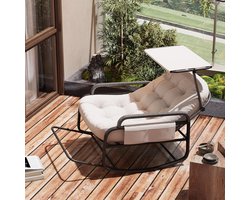 Ligstoel met Schommelfunctie – Rotan Tuinstoel met Beige Kussen, Verstelbare Rugleuning, Opklapbare Voetsteun & Zonnescherm – Outdoor Relaxstoel