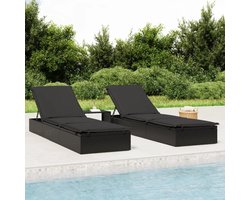 Ligstoel met stalen frame en tafel, zonnebed met verstelbare zitting voor tuin en balkon, onderhoudsvriendelijk voor buiten, van PE-rotan in zwart