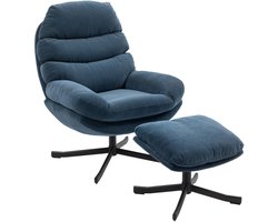 Ligstoel met voetenbank - loungestoel met chenille stof - moderne tv - stoel - 78 x 93 x 100 cm - blauw