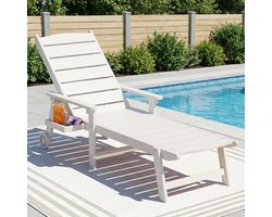 Ligstoel met wielen 194x62x95 cm – 5-standen verstelbare rugleuning (volledig plat) – met uitschuifbaar zijtafeltje – weerbestendig HIPS ligbed voor tuin, zwembad, terras en strand – Wit – Nicolehome
