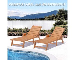 Ligstoel met wielen 194x62x95 cm – Weerbestendige HIPS verstelbare tuin ligbedden met armleuning & uittrekbaar dienblad – ergonomische chaise longue met 2 wielen – set van 2 stuks – Furnitureland
