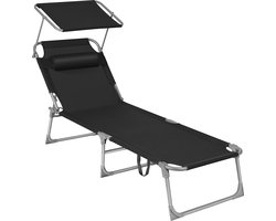 Ligstoel, Opklapbare Ligstoel, Met Zonwering, Hoofdsteun En Verstelbare Rugleuning, Voor Tuin, Zwembad, Terras, Zwart