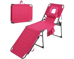 Ligstoel Opvouwbaar met Gezichtsuitsparing - Verstelbare Rugleuning 5 standen - Outdoor Sonnenbed met Zijvak geschikt voor Tuin Zwembad of Strand, Roze