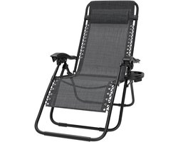 Ligstoel Opvouwbaar – Relaxstoel met Verstelbare Rugleuning – Inklapbare Tuinstoel met Kussen & Bekerhouder – Textilene Zonneligbed voor Tuin, Balkon, Camping – Donkergrijs– 120 kg