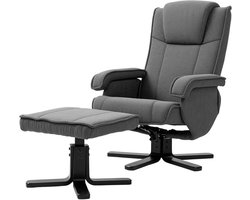 Ligstoel relaxstoel leesstoel 67x87x96cm grijs met hoofdsteun, voetenbank en schommelfunctie 360° draaibaar verstelbaar tot 135° ligpositie zachte huidvriendelijke stof comfortabele ondersteuning stevig duurzaam frame geschikt voor woonkamer
