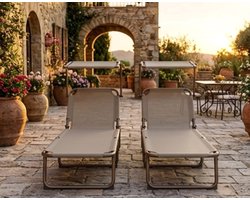 Ligstoel Set van 2 190x58x27 cm Inklapbaar met Zonnedak – Verstelbare Tuin Ligbedden & Strandstoelen voor Camping, Balkon, Zwembad en Terras – Lichtgewicht Relaxstoel – Beige – Bella