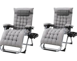 Ligstoel - Tuinstoel - Ligstoel Tuin - Verstelbare Tuinstoel - Standenstoel - Set van 2 - Opvouwbare - Zero Gravity Stoelen – Extra Grote Ligstoelen met Katoenen Kussen – Grijs – Tot 160kg