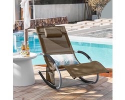 Ligstoel, Tuinstoel, Schommelstoel met Verstelbare Hoofdsteun, Opbergzak en Voetensteun, voor Tuin,Buiten, Balkon, Strand, Bruin