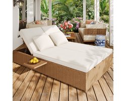 Ligstoel voor buiten, tweepersoonsbed, rotan ligstoel voor buiten, rotan bank die gebruikt kan worden als tuinmeubilair voor buiten, geschikt voor lounges, balkons en tuinen, weerbestendig, opvouwbaar, met kussens, wit