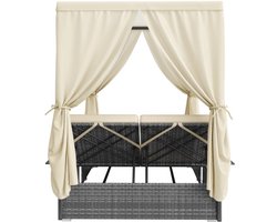 Ligstoel voor in de tuin, tweepersoonsbed met schaduwgordijn, rotan ligstoel, tuinmeubilair voor lounge, balkon en tuin, weerbestendig, opvouwbaar, met kussen en opklapbare tafel, crèmewit kussen