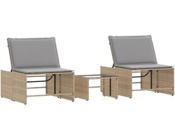 Ligstoelen 2 st | Chaise longue | Zonligstoel met tafel beige poly rattan