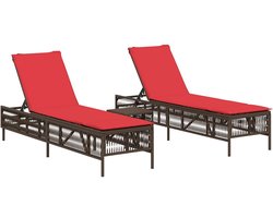 Ligstoelen 2 st | Chaise longue | Zonligstoeluks met tafel Bruin Poly Rotan