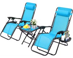 Ligstoelen Milano - Blauw - Tuinstoelen - Verstelbare tuinstoel en ligstoel - Met tafel - 2 personen - 90°-160° - Tuin - Metaal