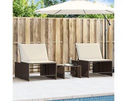 Ligstoelen, set van 2 stuks, met tafel in bruin, van robuust polyrotan en verstelbare rugleuning, inclusief glazen tafelblad voor tuin en terras, outdoor meubels
