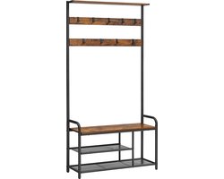 Lille - Kapstok met bank - kapstok - kledingrek - kapstok met 9 verwijderbare haken - schoenenrek - voor kleine appartementen - gangen - industrieel design - vintage bruin - zwart