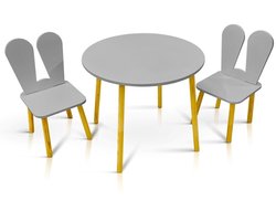 Lilleven kindertafel rond met 2 stoelen – kindermeubel set voor peuters & kleuters – hout grijs met houten poten – speeltafel & eettafel
