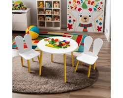 Lilleven kindertafel rond met 2 stoelen – kindermeubel set voor peuters & kleuters – hout wit met houten poten – speeltafel & eettafel