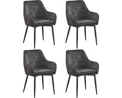 Lily - Eetkamerstoel - Set van 4 - Donker grijs - Stof - Zwart metalen poten