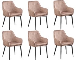 Lily - Eetkamerstoel - Set van 6 - Licht bruin - Stof - Zwarte Metalen poten