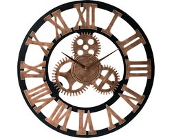 *Limited Edition* Retro Moderne Klok 60CM Rond Hout Brons met Wielen LW Collection / Ronde Muurklok Retro / Wandklok met wielen / Zwart brons Goud Retro Klok / Muurklok met wielen Brons