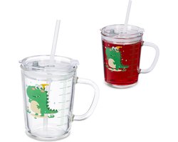 limonadeglazen - met rietje - deksel - set van 2 - 400 ml - dinosaurus - kinderen