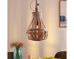 Lindby - Hanglamp - 1licht - rotan, kabel, staal - E27 - gebrand staal, licht hout