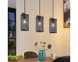 Lindby - hanglamp - 3lichts - Staal, rubber hout - H: 24 cm - E27 - licht hout, zwart