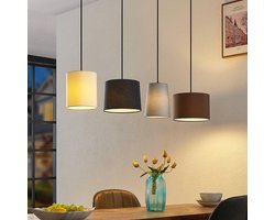 Lindby - Hanglamp - 4lichts - Hout, stof, ijzer - E27 - Natuurlijk hout, zwart, grijs, beige, bruin