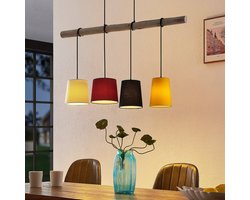 Lindby - hanglamp - 4lichts - Metaal, eucalyptushout, textiel - H: 22 cm - E27 - Licht hout, zwart, geel, rood