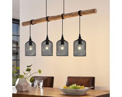 Lindby - hanglamp - 4lichts - Metaal, hout - E27 - matzwart, licht hout
