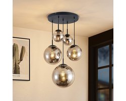 Lindby - hanglamp - 5lichts - Glas, staal - H: 30 cm - E27 - rookgrijs, zwart