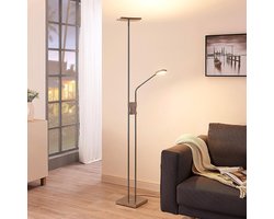 Lindby - LED vloerlamp- met dimmer - 2lichts - Metaal - H: 180 cm - satijn nikkel - Inclusief lichtbronnen