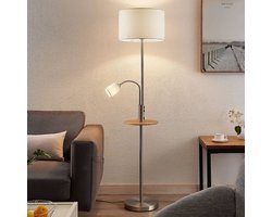 Lindby - vloerlamp - 1licht - IJzer, textiel, grenenhout - H: 170 cm - E27 - nikkel satijn, crèmewit, licht hout