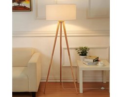 Lindby - vloerlamp - 1licht - Rubberhout, stof - H: 150 cm - E27 - licht hout, wit