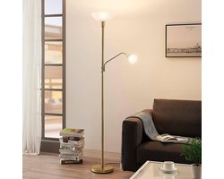 Lindby - vloerlamp - 2lichts - Metaal, polycarbonaat - H: 180 cm - E27 - mat messing, mat wit