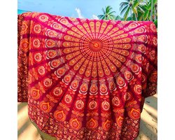 Lindian stle - XL strandlaken - Tweepersoons strandkleed - duurzaam katoen - extra groot strandkleed - Mandala stranddoek - Rood/Oranje/Geel - Wandkleed - mandala print - Zomer sprei