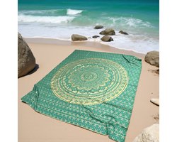 Lindian style - Groot strandlaken - Dun strandlaken - Groen/goud - 2 persoons strandkleed - Mandala - Lichtgewicht strandkleed