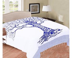 Lindian-style - Tree of life - Dun laken - dun zomer laken - Duurzaam Katoen - Blauw/Wit - zomerdeken - koel laken