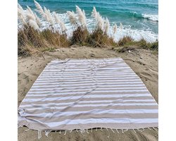 Lindian style - Tweepersoons strandkleed - XL strandlaken - Beige/wit gestreept - Streep - katoen/Polyester - gestreept - 235 X 210 - Groot strandlaken - zomer sprei
